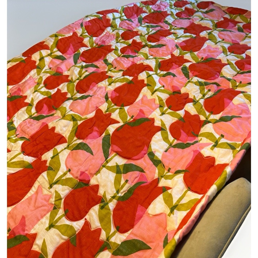 Vtg 70s Mid Century Nettle Creek Pink Red Tulips Bedspread W Tags 107x96